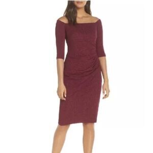 Eliza J Off-Shoulder Dress‎ Ruched Shimmer Knee Length Burgandy Sheath Size 14